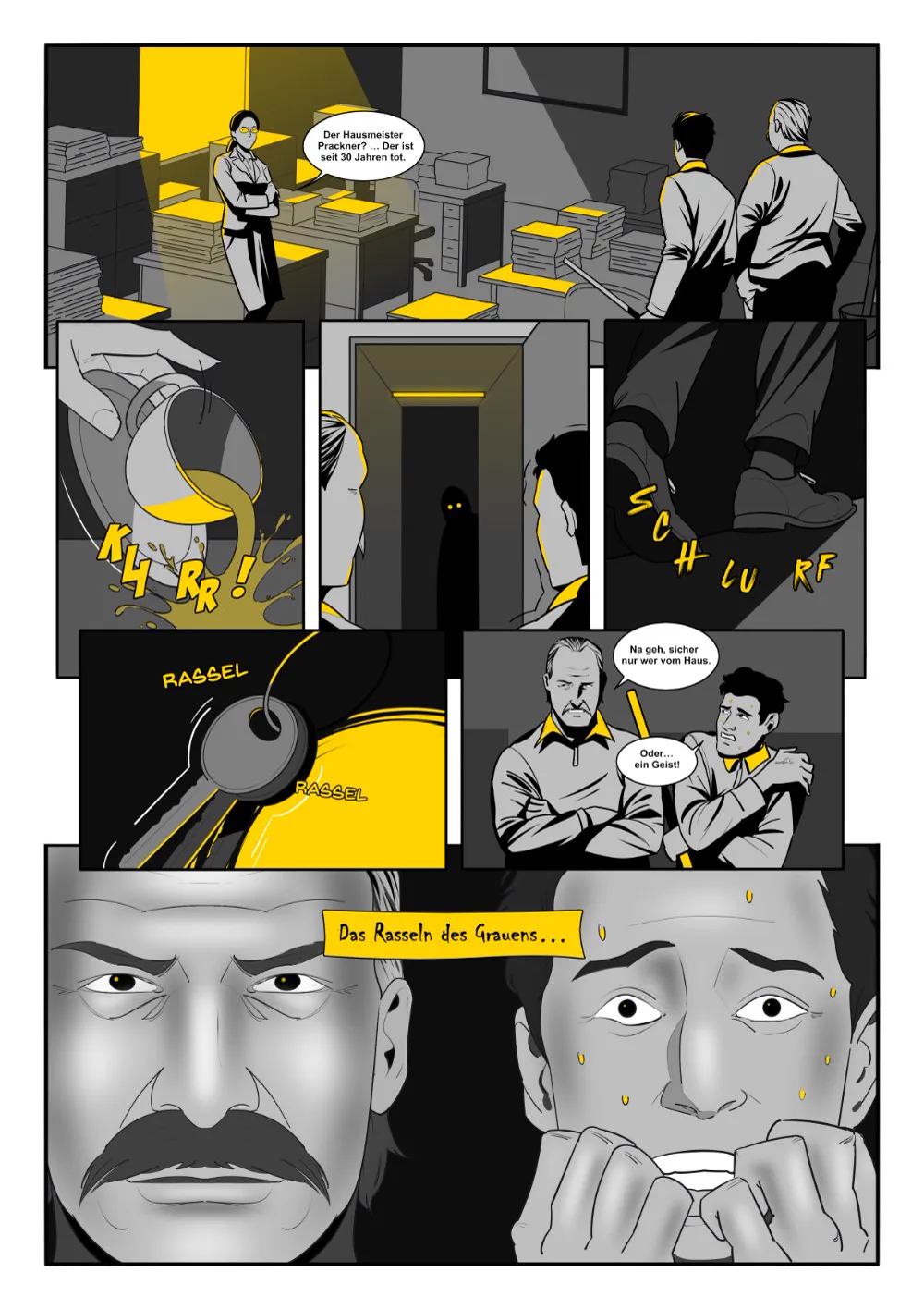 Illustration einer Szene aus Tatort Stiegenhaus